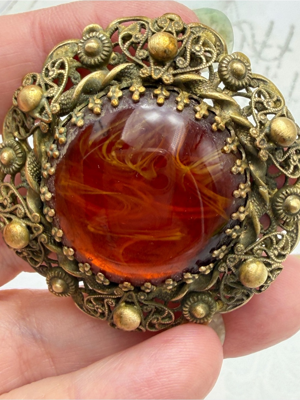 Vintage Czech Amber Glass Brooch #cz599 - Picture 4 of 4
